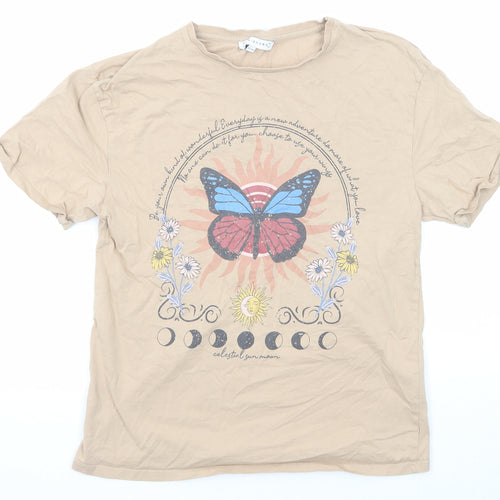 Design Arc Girls Beige Cotton Pullover T-Shirt Size 13 Years Crew Neck Pullover - Butterfly