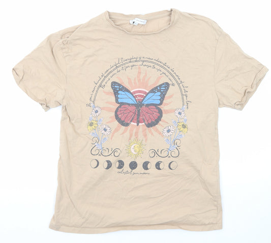 Design Arc Girls Beige Cotton Pullover T-Shirt Size 13 Years Crew Neck Pullover - Butterfly