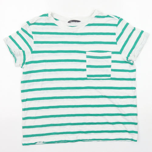 Marks and Spencer Womens Green Striped Cotton Basic T-Shirt Size 12 Round Neck
