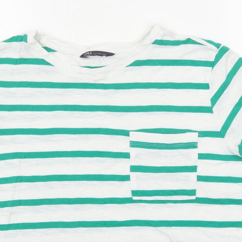 Marks and Spencer Womens Green Striped Cotton Basic T-Shirt Size 12 Round Neck