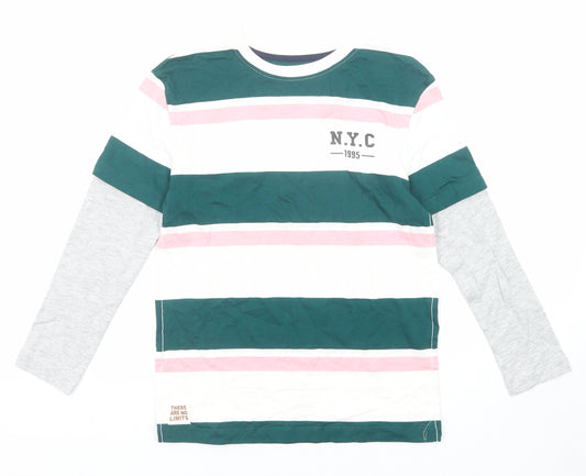 Marks and Spencer Boys Multicoloured Striped Cotton Basic T-Shirt Size 8-9 Years Round Neck Pullover - N.Y.C