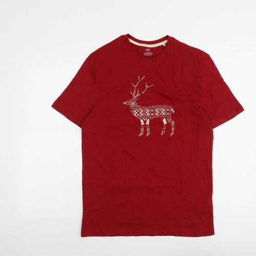 Marks and Spencer Mens Red Cotton T-Shirt Size S Round Neck - Reindeer Christmas