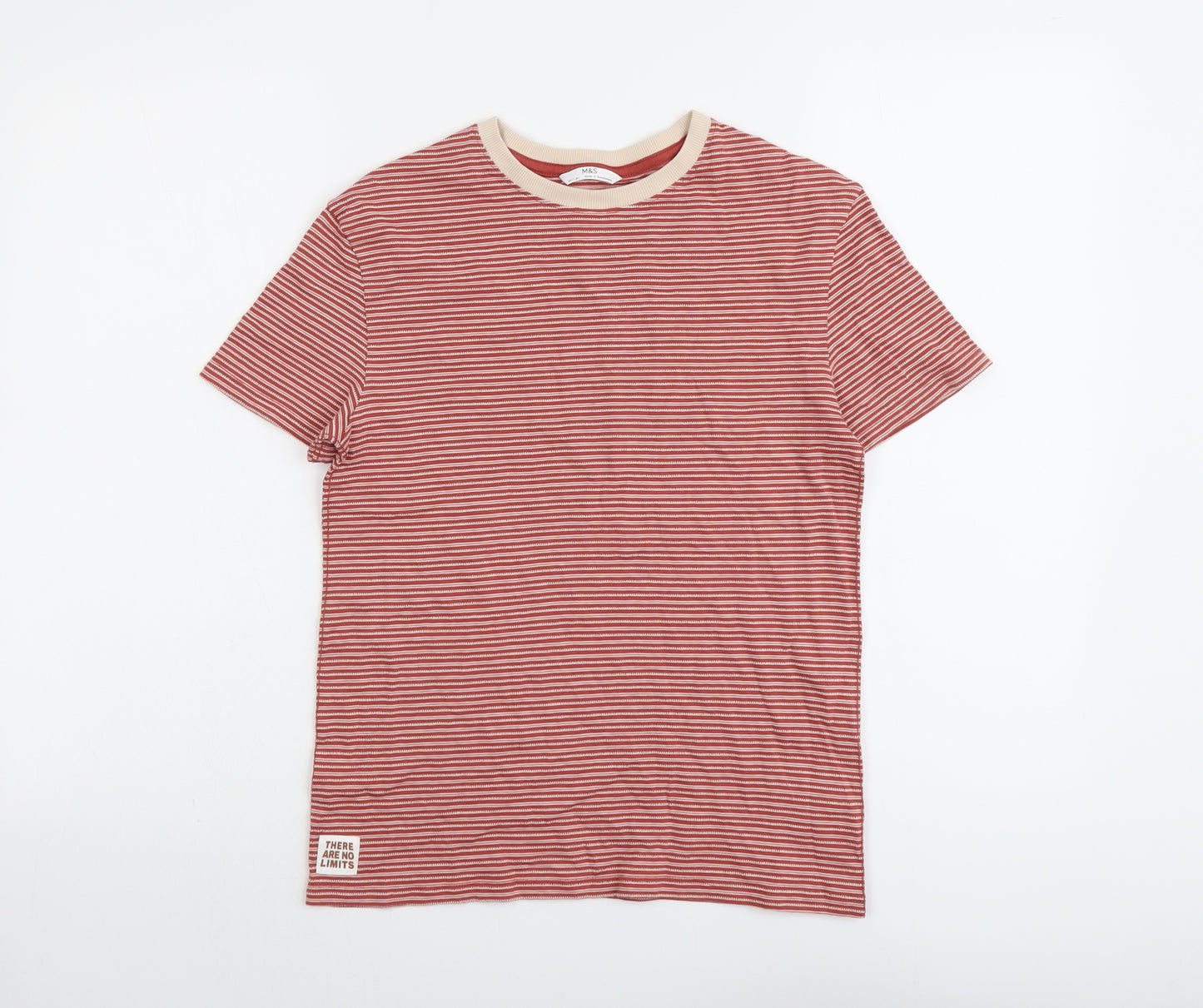 Marks and Spencer Boys Red Striped Cotton Basic T-Shirt Size 10-11 Years Round Neck Pullover