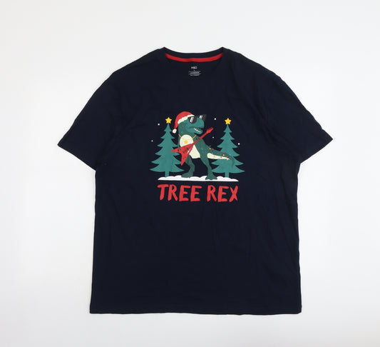 Marks and Spencer Mens Blue Cotton T-Shirt Size L Round Neck - Tree Rex Christmas