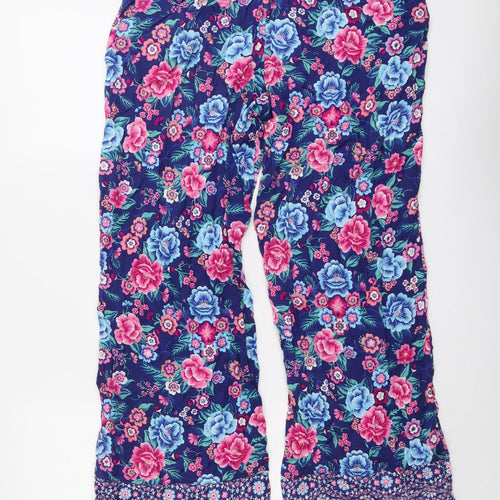 Marks and Spencer Womens Blue Floral Viscose Trousers Size 14 L26 in Regular Drawstring