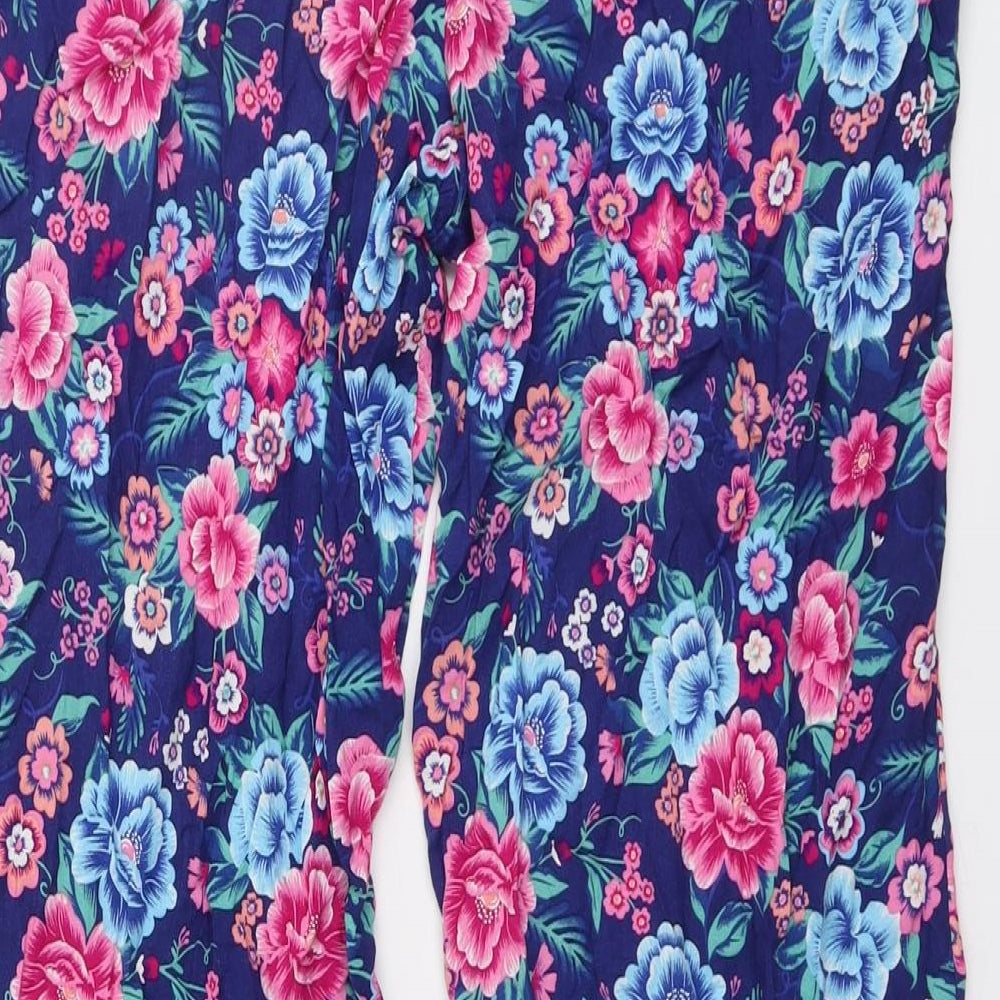 Marks and Spencer Womens Blue Floral Viscose Trousers Size 14 L26 in Regular Drawstring