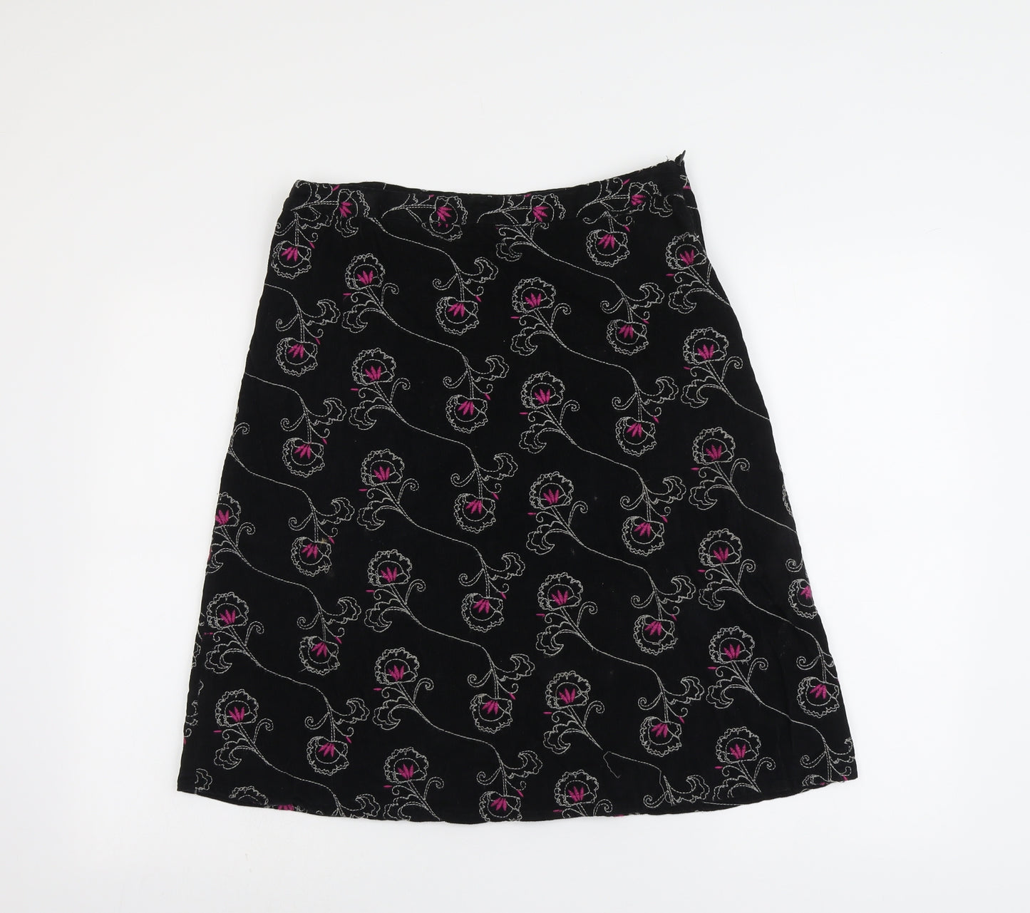 John Lewis Womens Black Floral Cotton A-Line Skirt Size 12 Zip