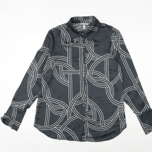 H&M Womens Black Geometric Polyester Basic Button-Up Size M Collared
