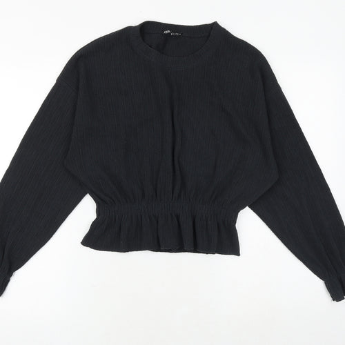 Zara Womens Black Polyester Basic Blouse Size S Crew Neck - Shirred Waist