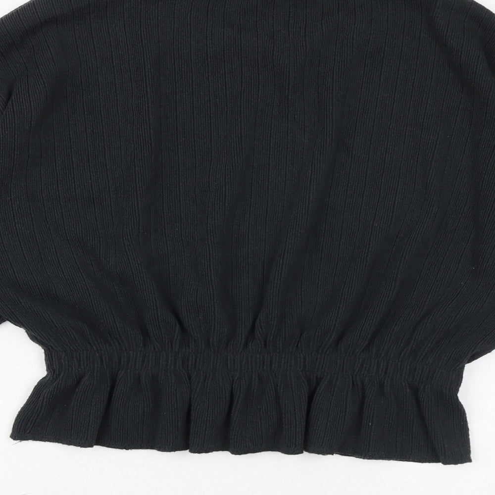 Zara Womens Black Polyester Basic Blouse Size S Crew Neck - Shirred Waist