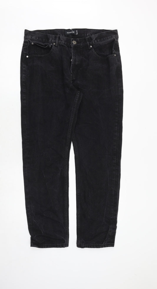 Firetrap Mens Black Cotton Straight Jeans Size 34 in Relaxed Zip