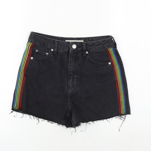 Topshop Womens Black Cotton Cut-Off Shorts Size 6 Regular Zip - Side Stripe Detail