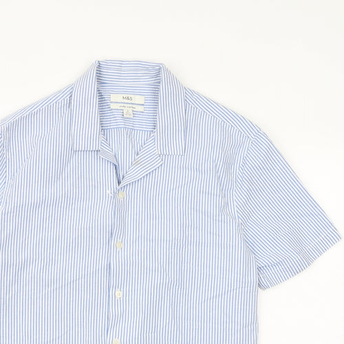 Marks and Spencer Mens Blue Striped Cotton Button-Up Size S Collared Button