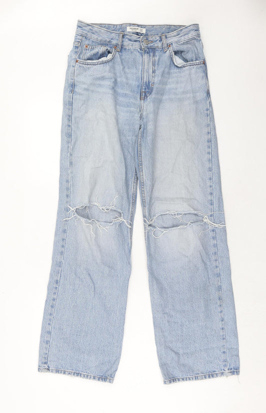 Pull&Bear Womens Blue Cotton Wide-Leg Jeans Size 8 Regular Zip