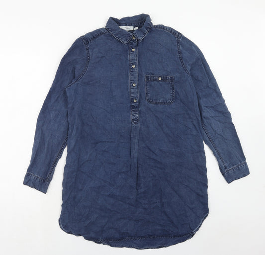 H&M Womens Blue Lyocell Shirt Dress Size 10 Collared Button