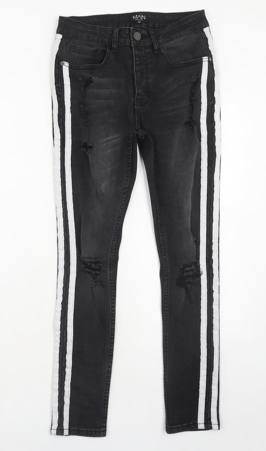 Boohoo Mens Black Cotton Skinny Jeans Size 28 in Regular Zip - Side Stripe Detail