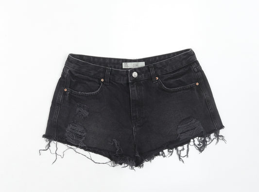 Topshop Womens Black Cotton Hot Pants Shorts Size 10 Regular Zip - Frayed Hem