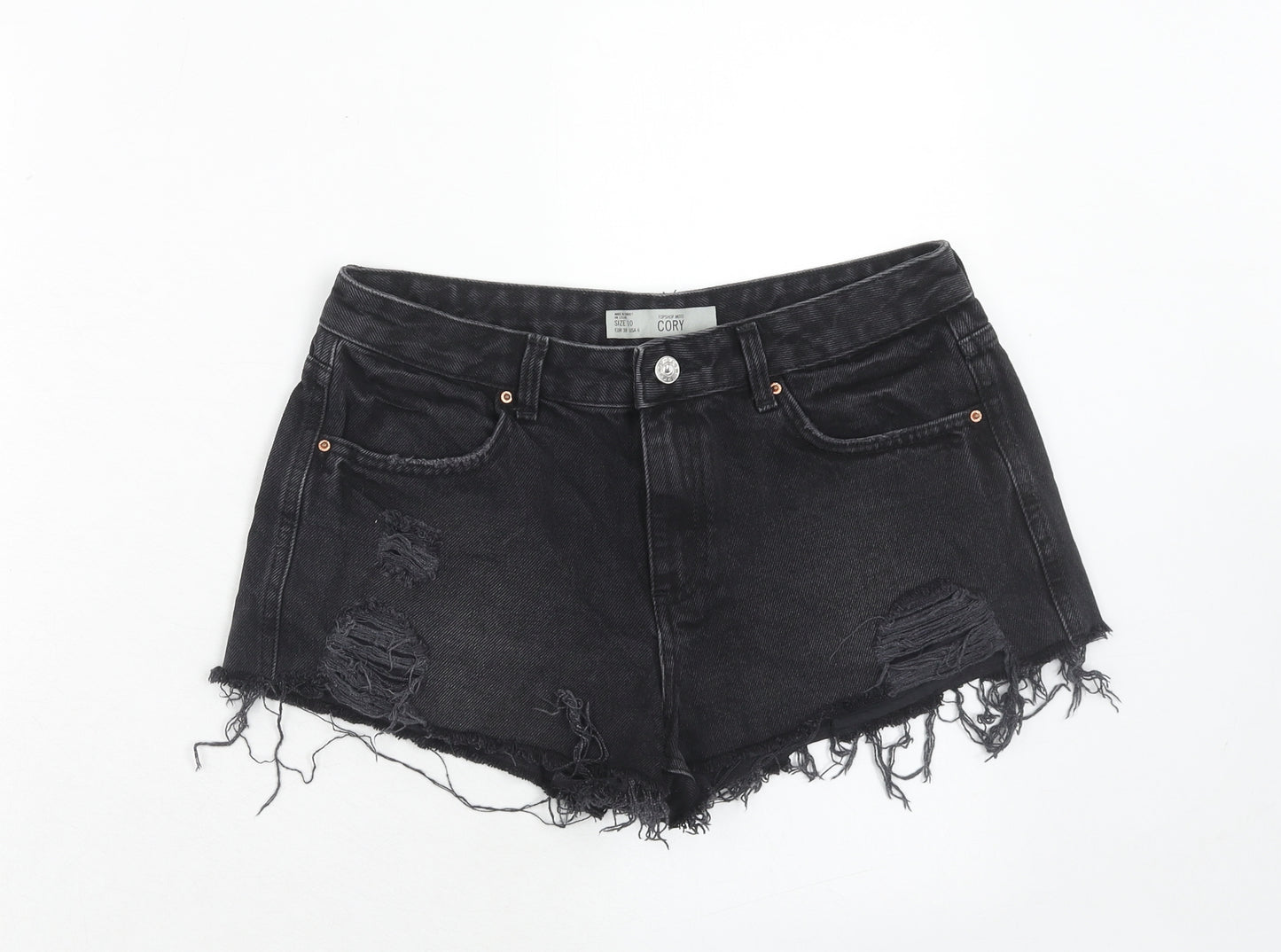 Topshop Womens Black Cotton Hot Pants Shorts Size 10 Regular Zip - Frayed Hem