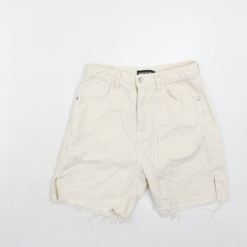 PRETTYLITTLETHING Womens Ivory Cotton Boyfriend Shorts Size 6 Regular Zip - Frayed Hem