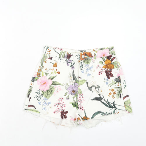 Topshop Womens White Floral Cotton Cut-Off Shorts Size 10 Regular Zip