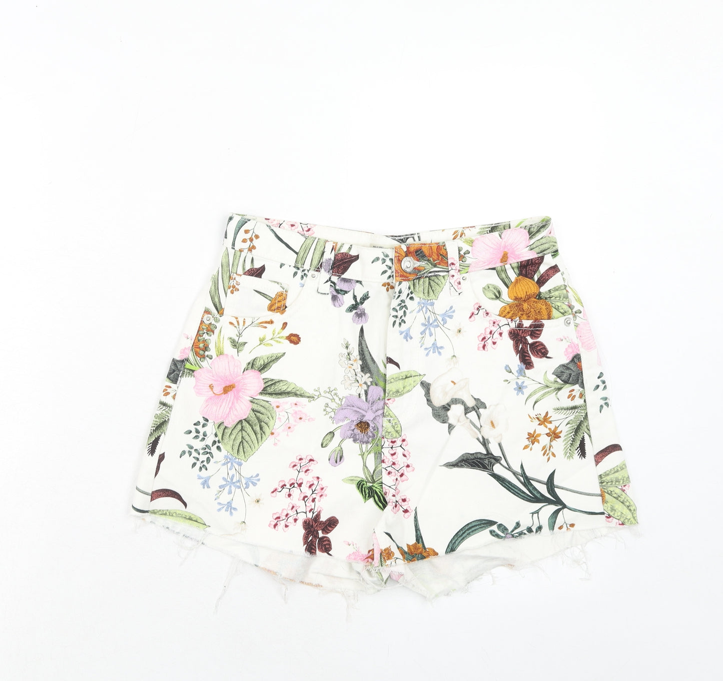 Topshop Womens White Floral Cotton Cut-Off Shorts Size 10 Regular Zip