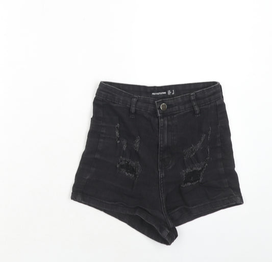 PRETTYLITTLETHING Womens Black Cotton Hot Pants Shorts Size 6 Regular Zip - Distressed