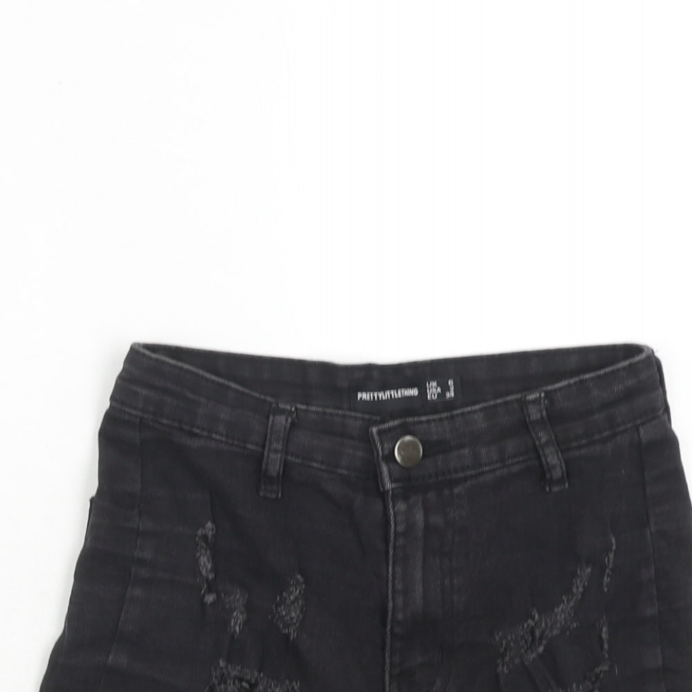 PRETTYLITTLETHING Womens Black Cotton Hot Pants Shorts Size 6 Regular Zip - Distressed