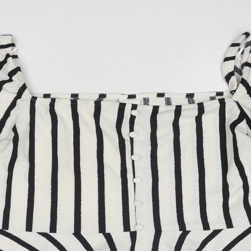 H&M Womens White Striped Polyester Basic Blouse Size L Square Neck