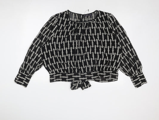 Marks and Spencer Womens Black Geometric Polyester Cropped Blouse Size 24 Round Neck