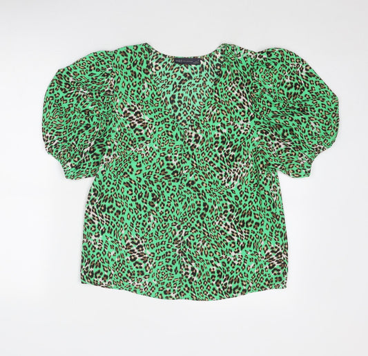 Marks and Spencer Womens Green Animal Print Polyester Basic Blouse Size 10 V-Neck - Puff Sleeve Leo