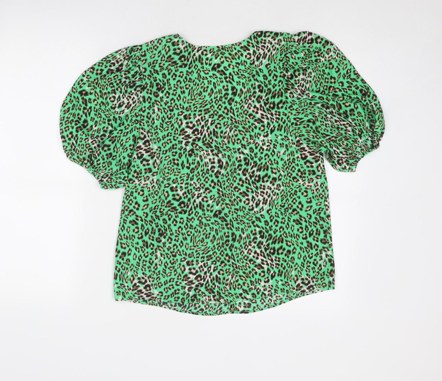 Marks and Spencer Womens Green Animal Print Polyester Basic Blouse Size 10 V-Neck - Puff Sleeve Leo