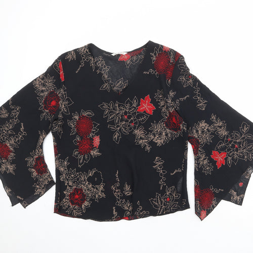 Berkertex Womens Black Floral Polyester Basic Blouse Size 16 Sweetheart - Voluminous Sleeves