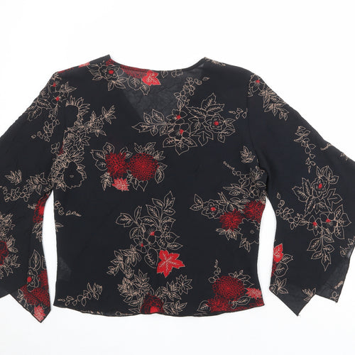 Berkertex Womens Black Floral Polyester Basic Blouse Size 16 Sweetheart - Voluminous Sleeves