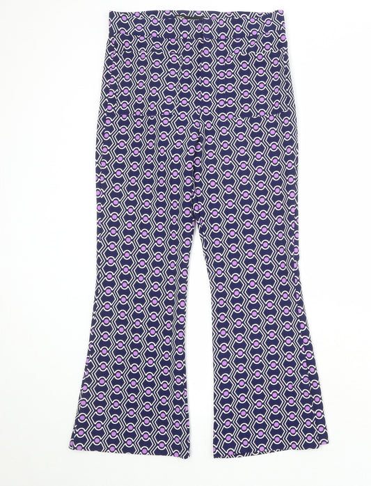 Zara Womens Blue Geometric Polyester Trousers Size M Regular Zip