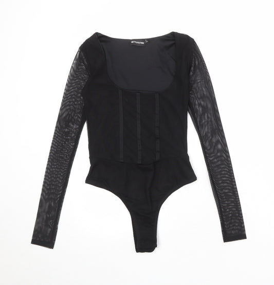 PRETTYLITTLETHING Womens Black Polyester Bodysuit One-Piece Size 8 Snap - Sheer Sleeves