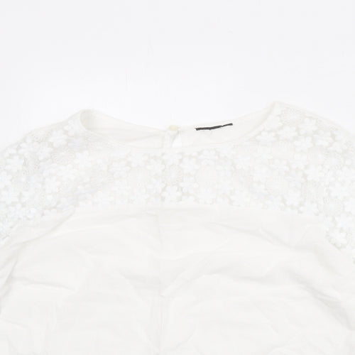 Topshop Womens White Cotton Basic Blouse Size 16 Round Neck - Lace Details