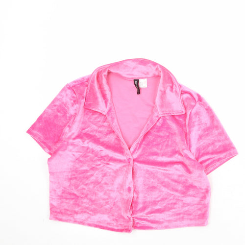 Divided by H&M Womens Pink Polyester Cropped Button-Up Size L Collared