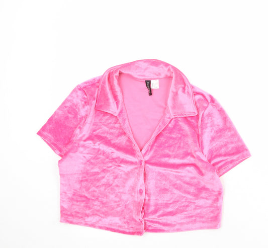 Divided by H&M Womens Pink Polyester Cropped Button-Up Size L Collared