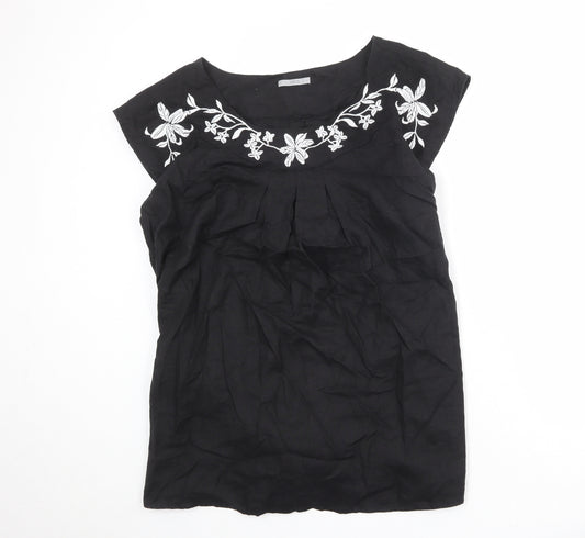 Marks and Spencer Womens Black Linen Basic Blouse Size 22 Round Neck - Flower Detail