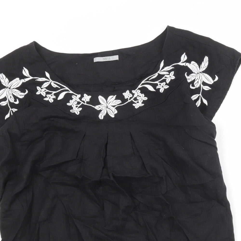 Marks and Spencer Womens Black Linen Basic Blouse Size 22 Round Neck - Flower Detail