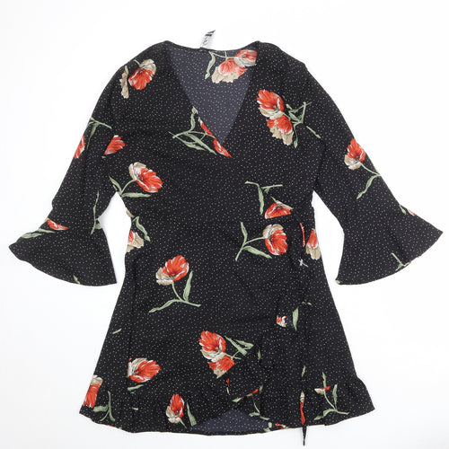 Influence Womens Black Floral Polyester Wrap Dress Size 14 V-Neck Zip