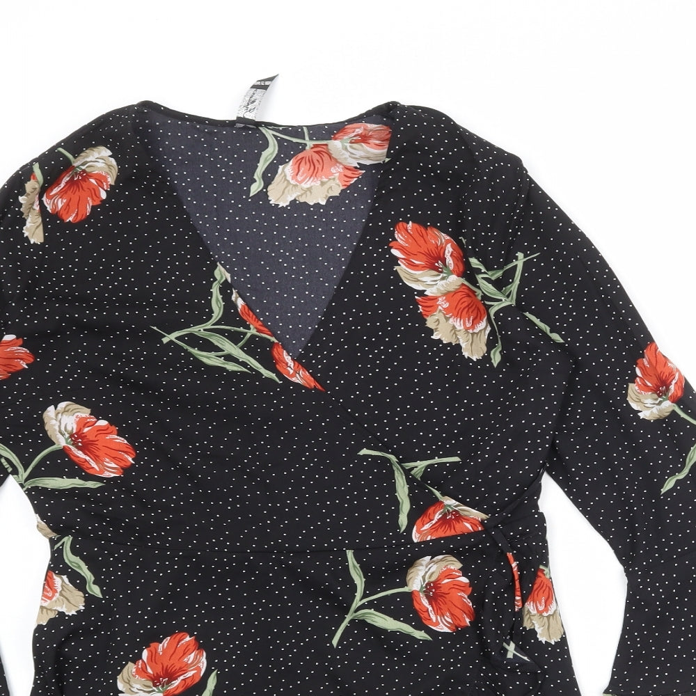 Influence Womens Black Floral Polyester Wrap Dress Size 14 V-Neck Zip