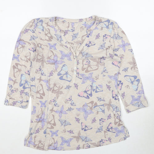 M&Co Womens Beige Geometric Polyester Basic Blouse Size 12 V-Neck - Butterfly Pattern