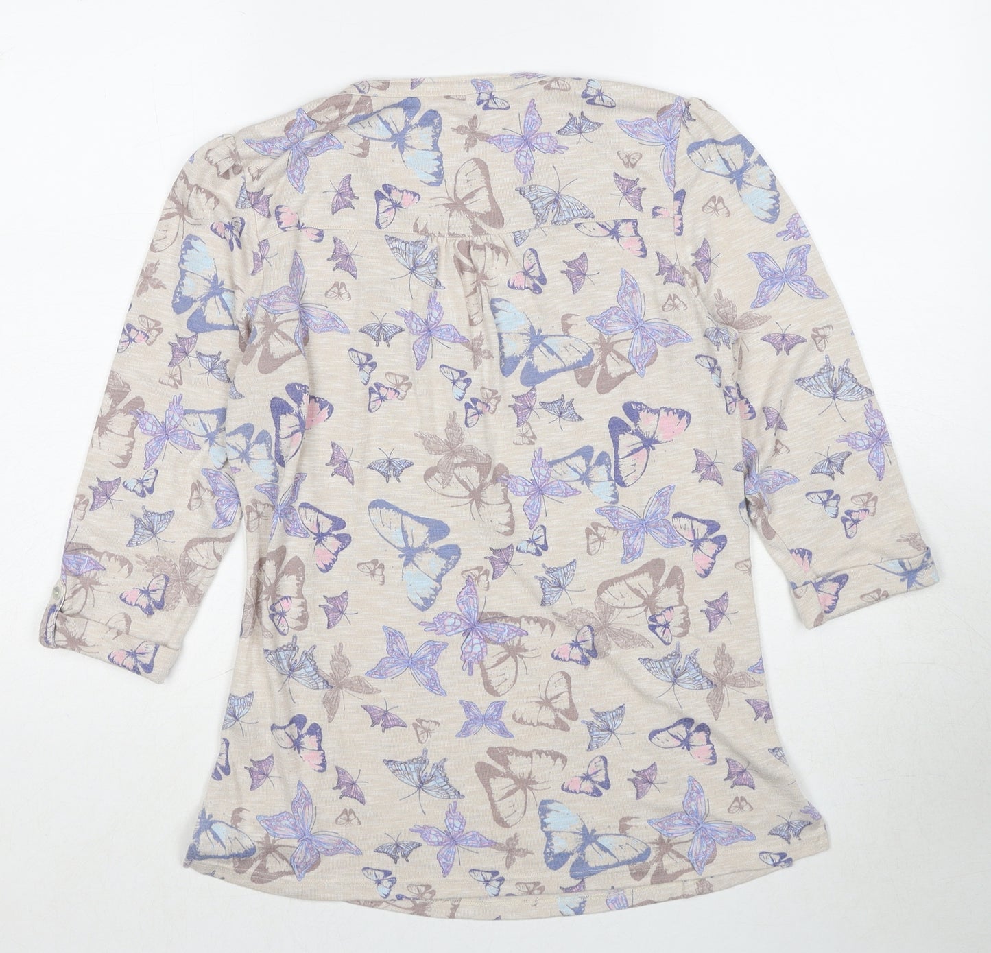 M&Co Womens Beige Geometric Polyester Basic Blouse Size 12 V-Neck - Butterfly Pattern