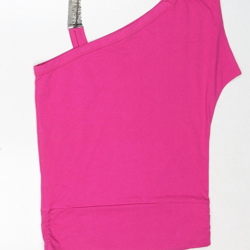 Essential Style Womens Pink Cotton Basic T-Shirt Size 12 One Shoulder - Rhinestone Strap