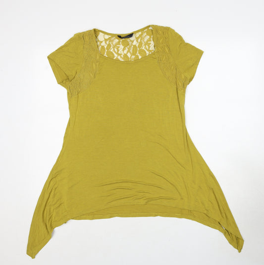 Bonmarché Womens Yellow Cotton Basic T-Shirt Size 14 Scoop Neck - Asymmetric Lace Detail