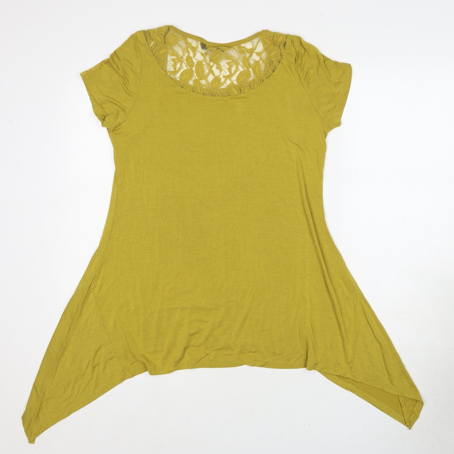 Bonmarché Womens Yellow Cotton Basic T-Shirt Size 14 Scoop Neck - Asymmetric Lace Detail