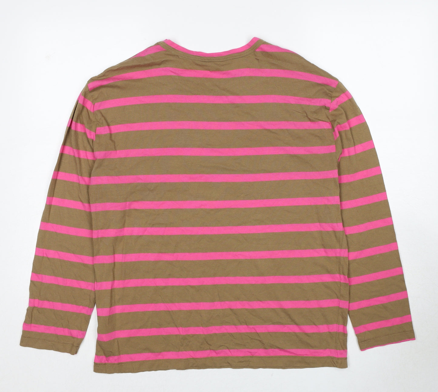 Marks and Spencer Womens Brown Striped Cotton Basic T-Shirt Size 10 Crew Neck