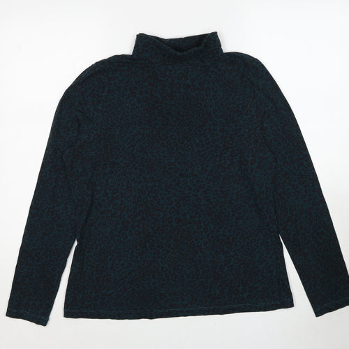 M&Co Womens Blue Animal Print Cotton Basic T-Shirt Size 14 Mock Neck - Leopard Print