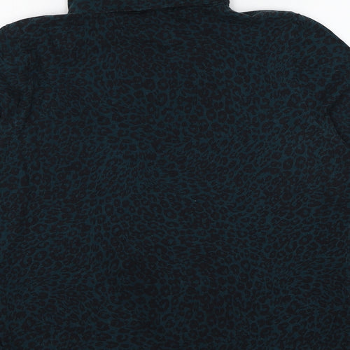 M&Co Womens Blue Animal Print Cotton Basic T-Shirt Size 14 Mock Neck - Leopard Print